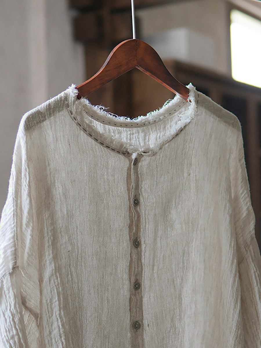 Women Summer Retro Pure Color Raw-edge O-Neck Linen Shirt