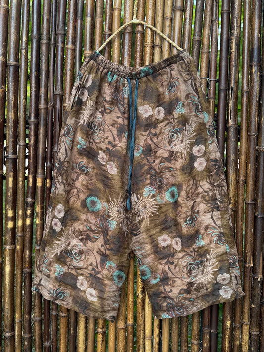 Women Summer Retro Flower Ramie Wide-leg Pants