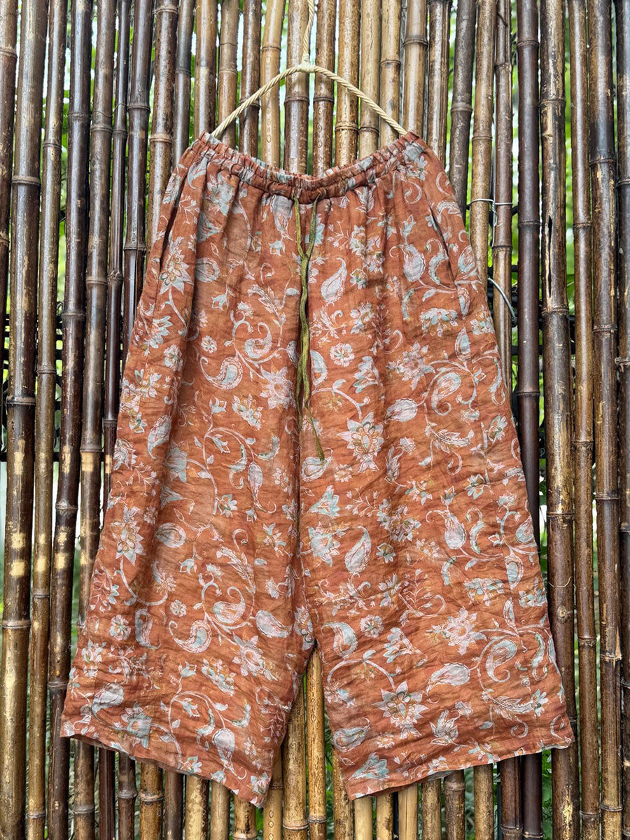 Women Summer Retro Flower Ramie Wide-leg Pants