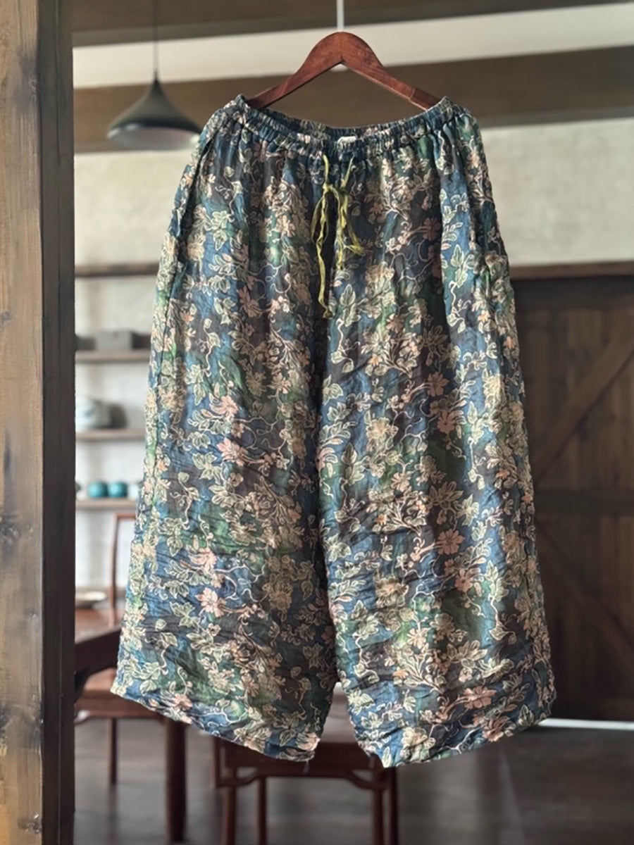 Women Summer Retro Flower Ramie Wide-leg Pants