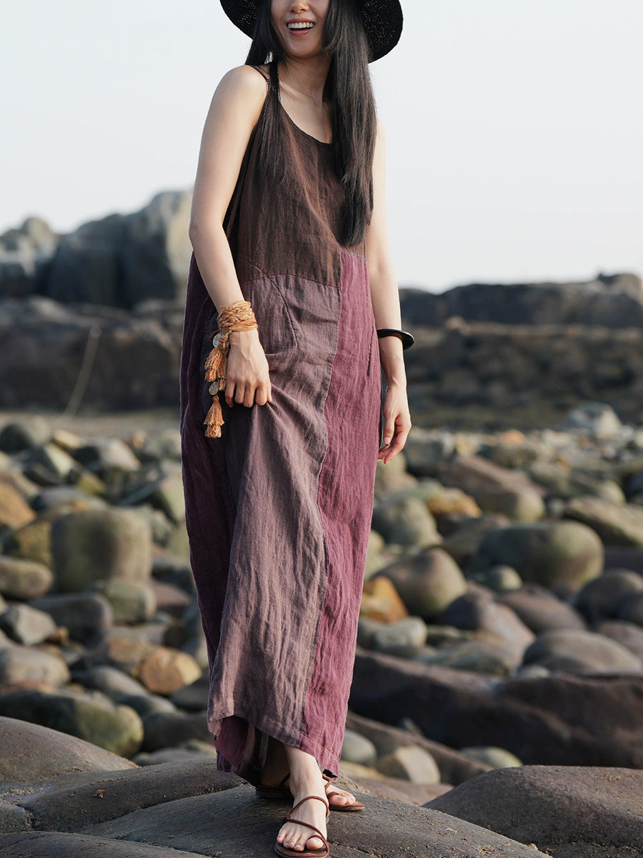 Plus Size Women Summer Vintage Patchwork 100%Linen Vest Dress