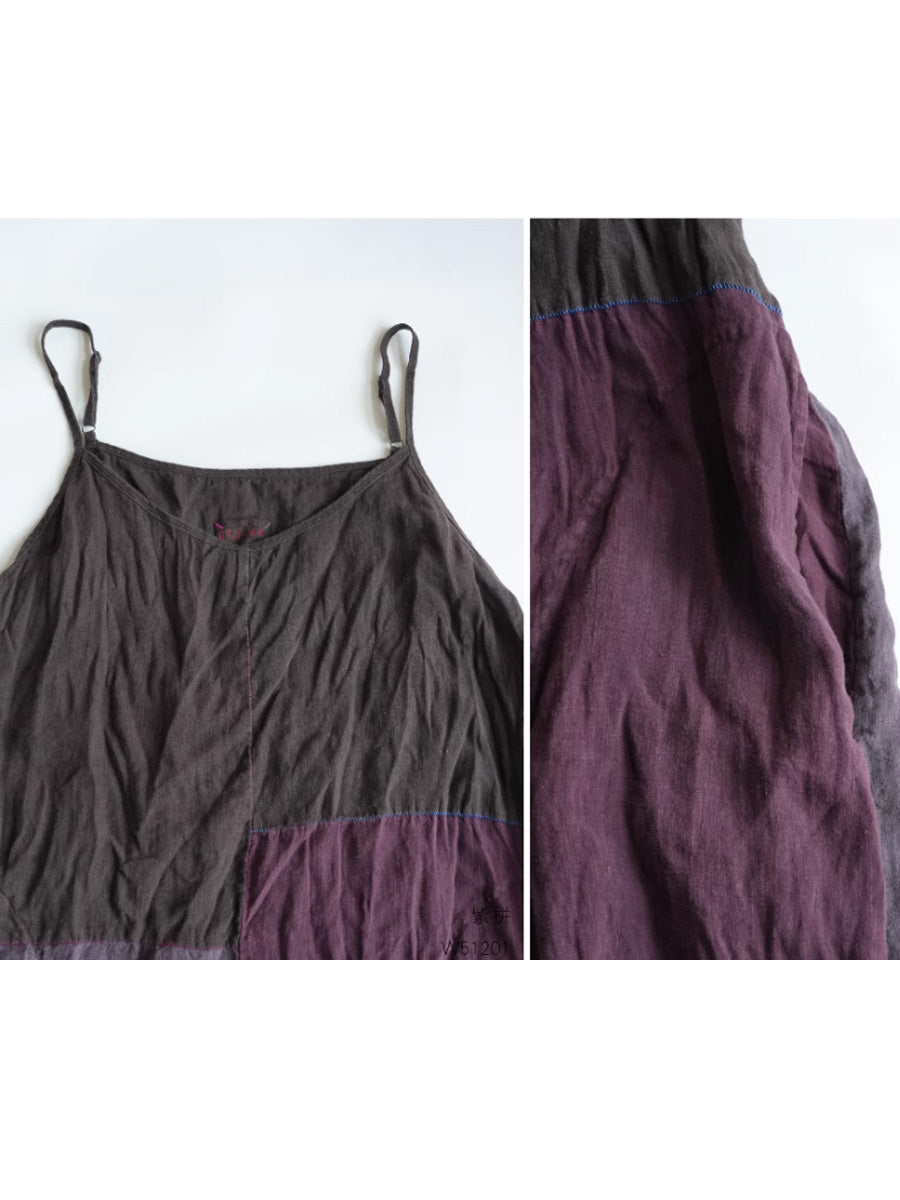Plus Size Women Summer Vintage Patchwork 100%Linen Vest Dress