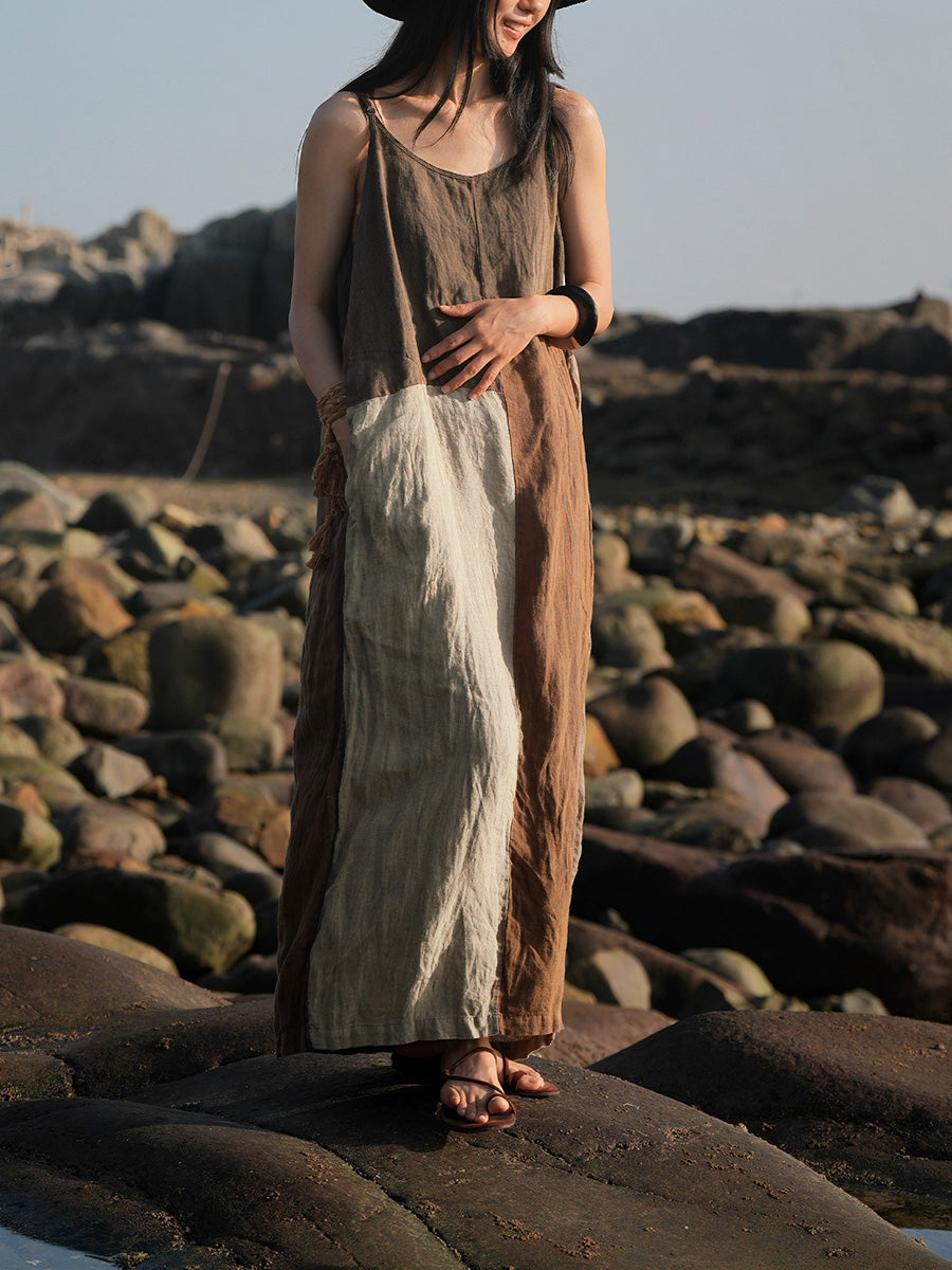 Plus Size Women Summer Vintage Patchwork 100%Linen Vest Dress