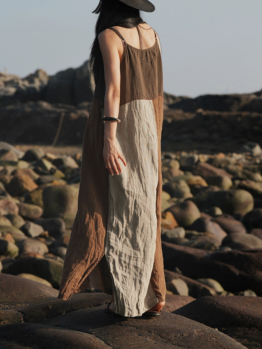 Plus Size Women Summer Vintage Patchwork 100%Linen Vest Dress