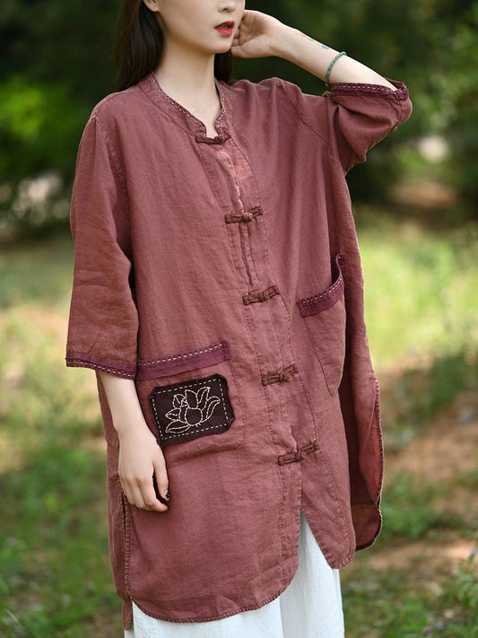 Women Summer Retro Lotus Patch Stand Collar 100%Linen Shirt