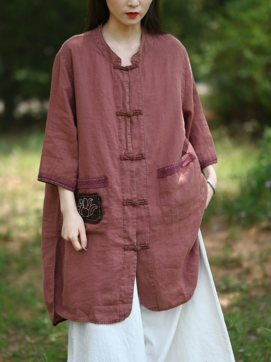 Women Summer Retro Lotus Patch Stand Collar 100%Linen Shirt