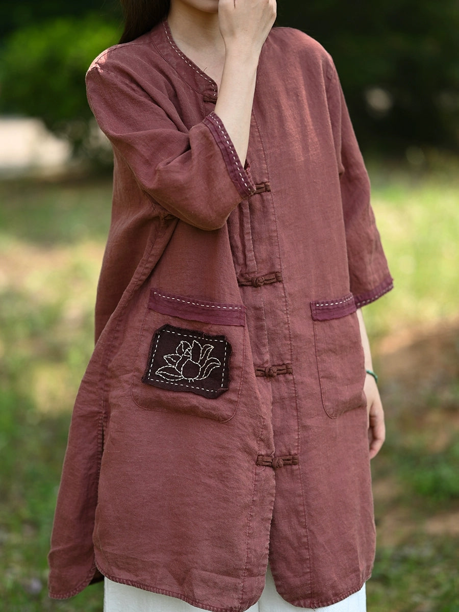 Women Summer Retro Lotus Patch Stand Collar 100%Linen Shirt