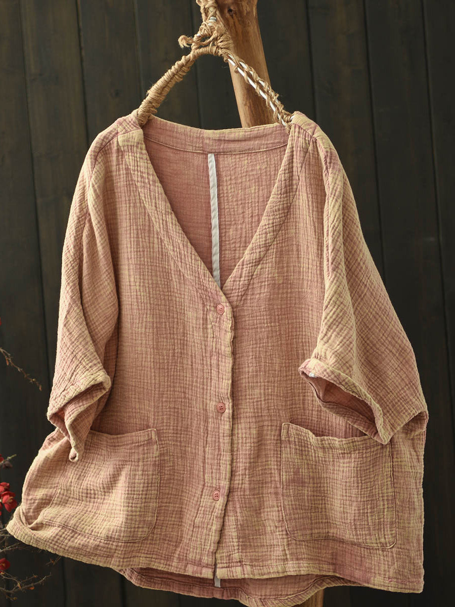 Women Summer Casual Pure Color V-Neck Cotton Shirt