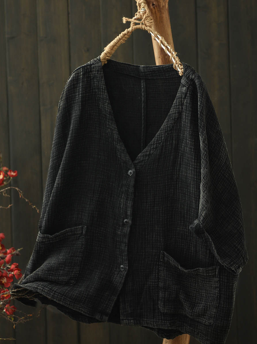 Women Summer Casual Pure Color V-Neck Cotton Shirt