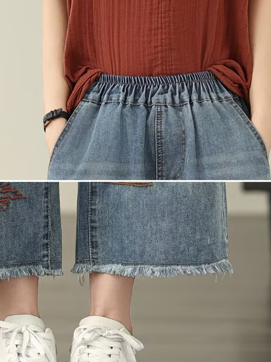 Women Casual Summer Flower Embroidery Denim Straight Pants