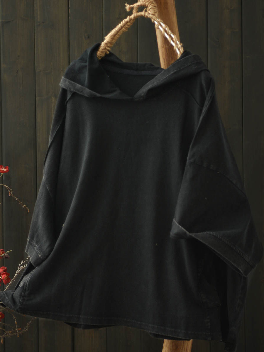 Women Summer Retro Pure Color Hooded Cotton Shirt