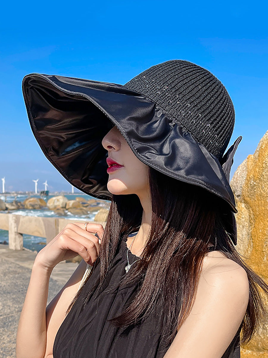 Women Summer Casual Knitted Spliced Bowknot Sunproof Hat