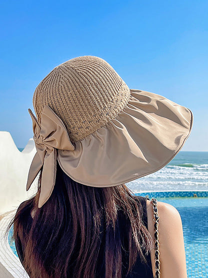 Women Summer Casual Knitted Spliced Bowknot Sunproof Hat