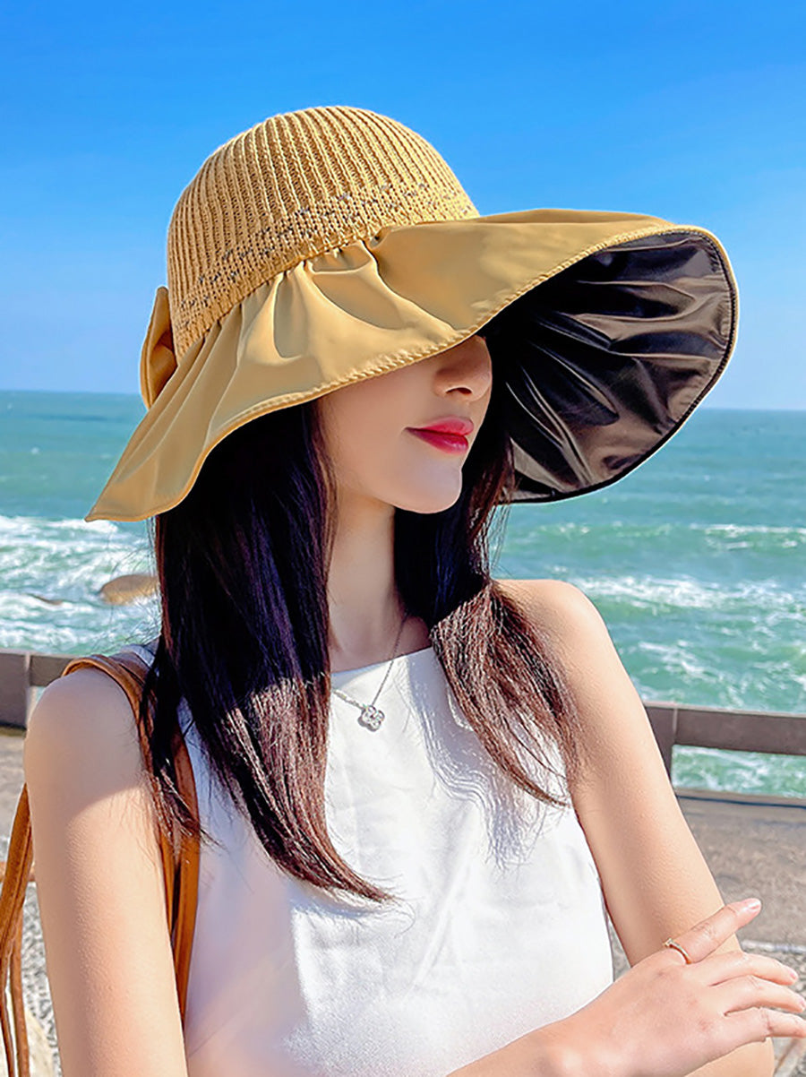 Women Summer Casual Knitted Spliced Bowknot Sunproof Hat