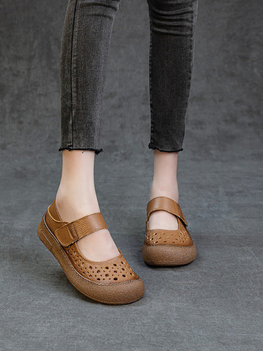 Women Vintage Summer Leather Hollow Out Flat Shoes