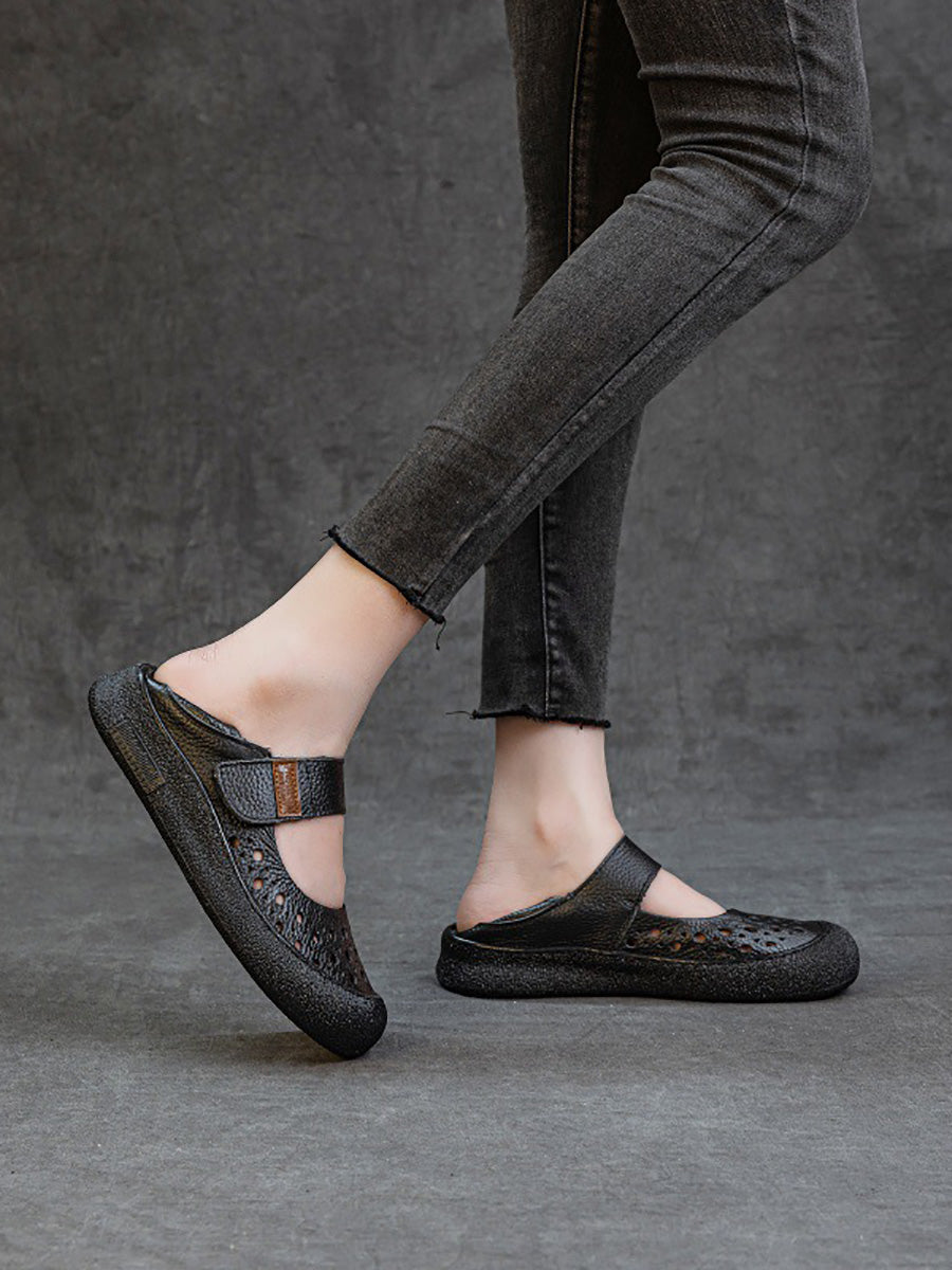 Women Vintage Summer Leather Hollow Out Flat Shoes
