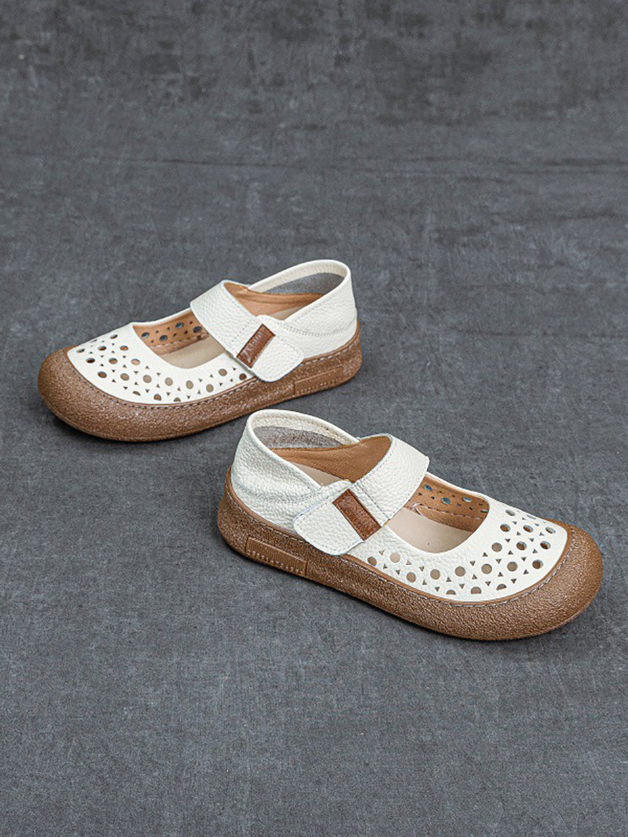 Women Vintage Summer Leather Hollow Out Flat Shoes