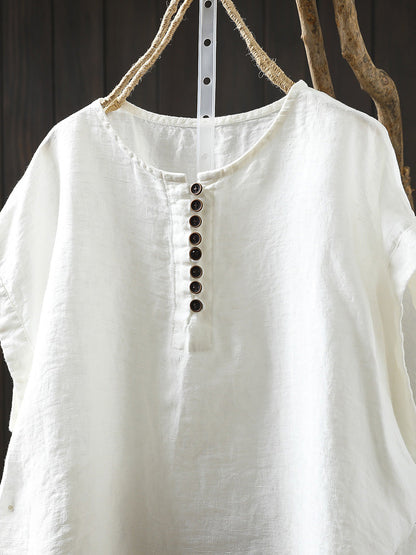 Plus Size Women Summer Casual Pure Color O-Neck 100%Linen Shirt