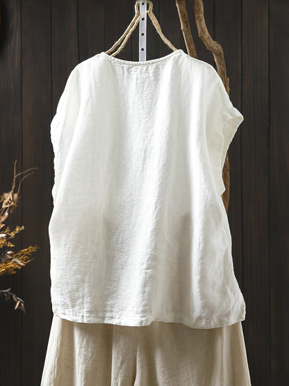 Plus Size Women Summer Casual Pure Color O-Neck 100%Linen Shirt