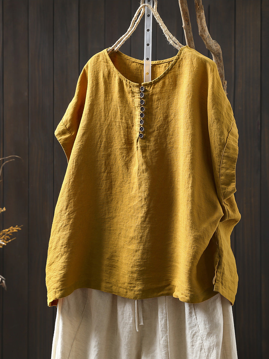 Plus Size Women Summer Casual Pure Color O-Neck 100%Linen Shirt