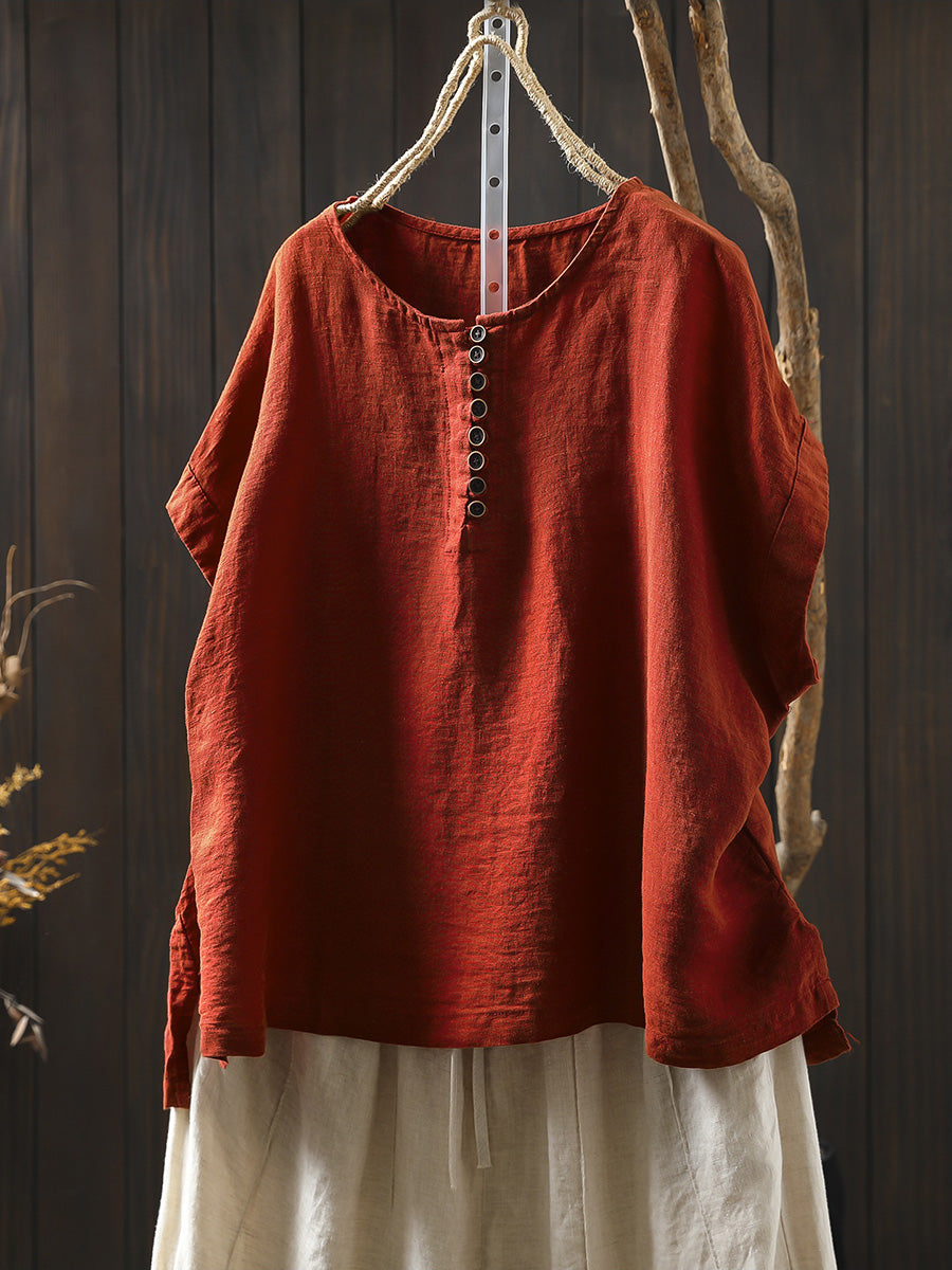 Plus Size Women Summer Casual Pure Color O-Neck 100%Linen Shirt