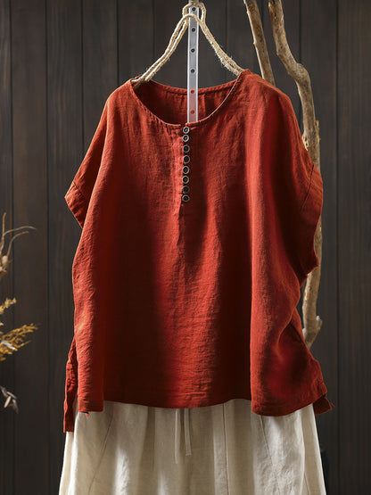 Plus Size Women Summer Casual Pure Color O-Neck 100%Linen Shirt
