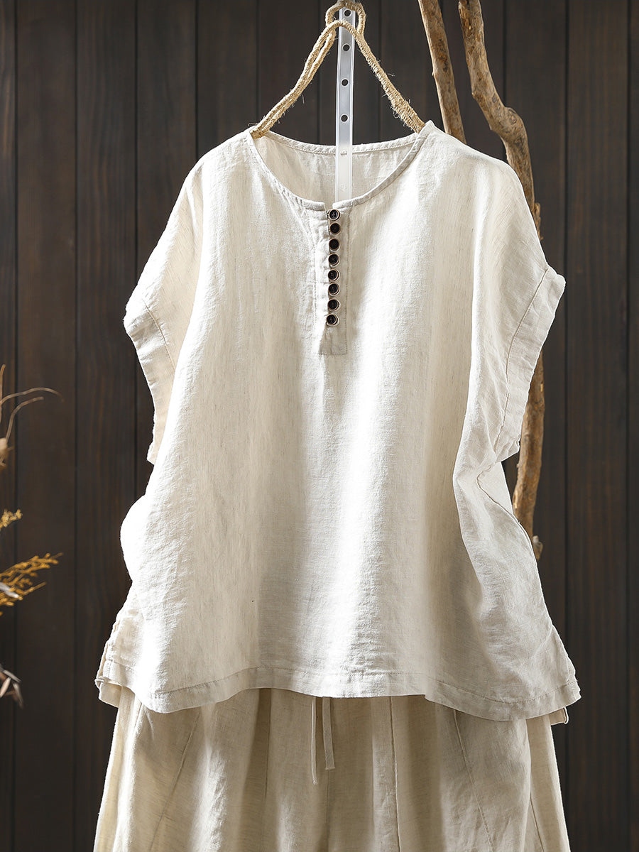 Plus Size Women Summer Casual Pure Color O-Neck 100%Linen Shirt