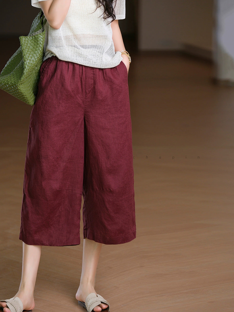 Women Summer Pure Color 100%Linen Wide-leg Cropped Pants