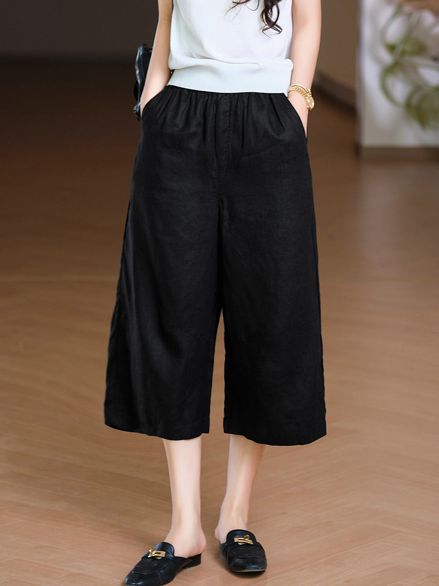 Women Summer Pure Color 100%Linen Wide-leg Cropped Pants