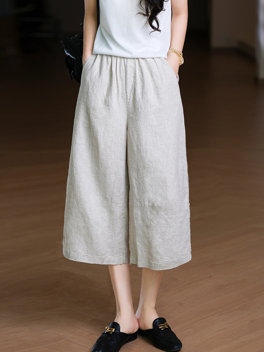 Women Summer Pure Color 100%Linen Wide-leg Cropped Pants