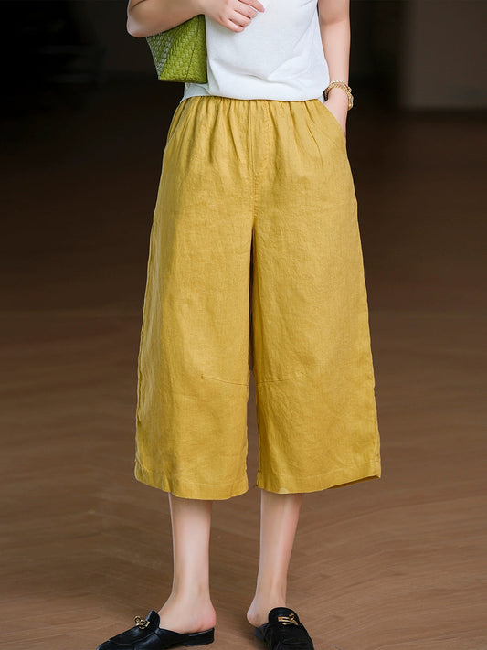 Women Summer Pure Color 100%Linen Wide-leg Cropped Pants