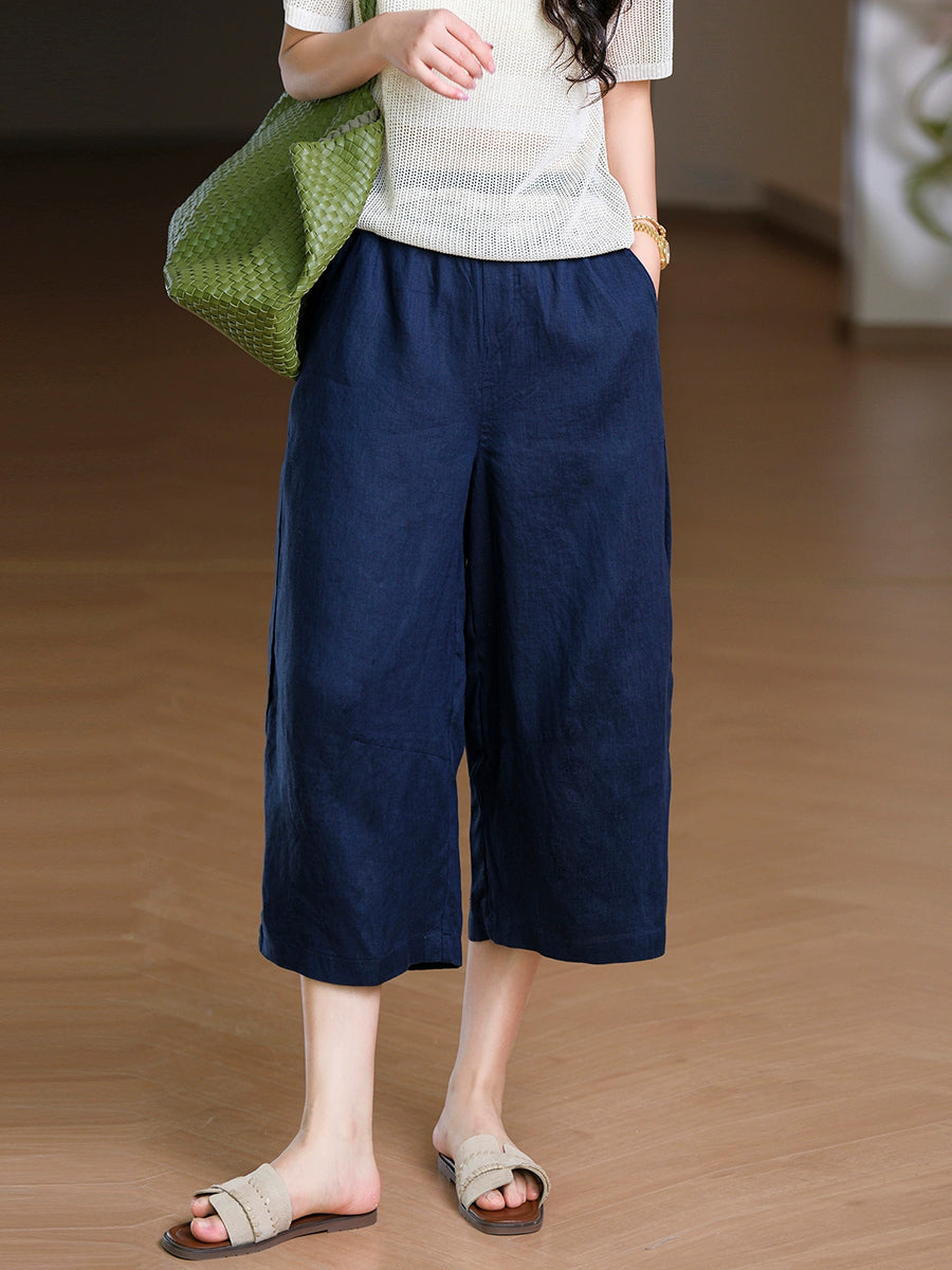Women Summer Pure Color 100%Linen Wide-leg Cropped Pants