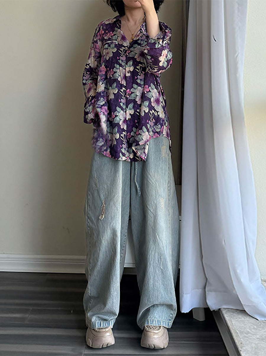 Plus Size Women Summer Artsy Flower Turn-down Collar Long Sleeve Shirt