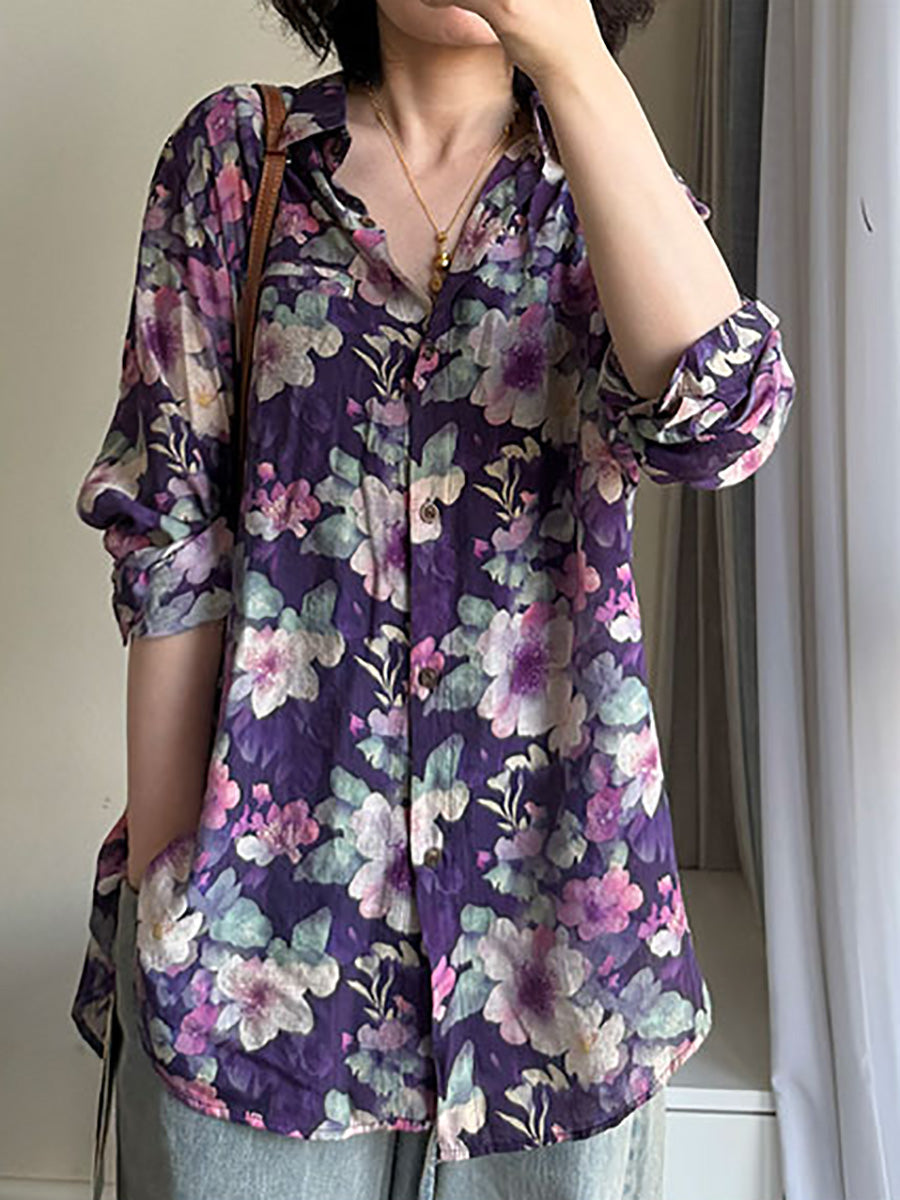 Plus Size Women Summer Artsy Flower Turn-down Collar Long Sleeve Shirt