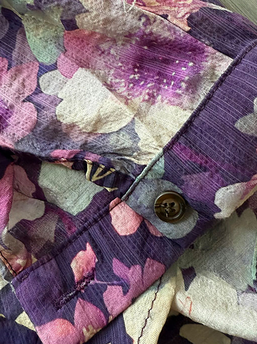 Plus Size Women Summer Artsy Flower Turn-down Collar Long Sleeve Shirt