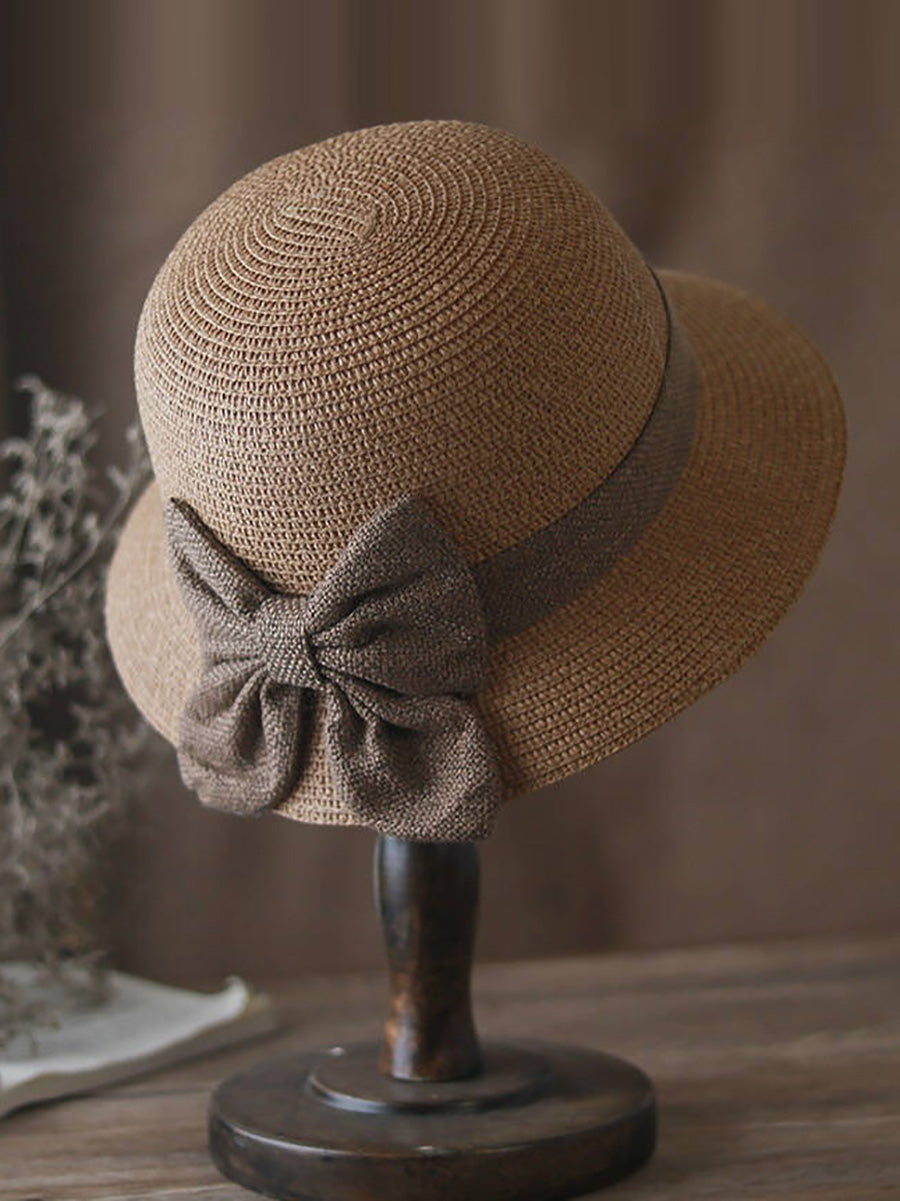 Women Artsy Summer Straw Weave Bowknot Sunproof Hat