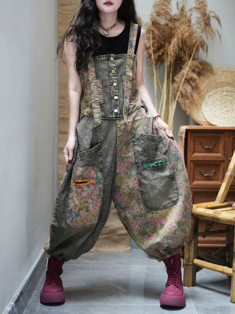 Women Summer Retro Flower Patch Spliced Denim Jumpsuits