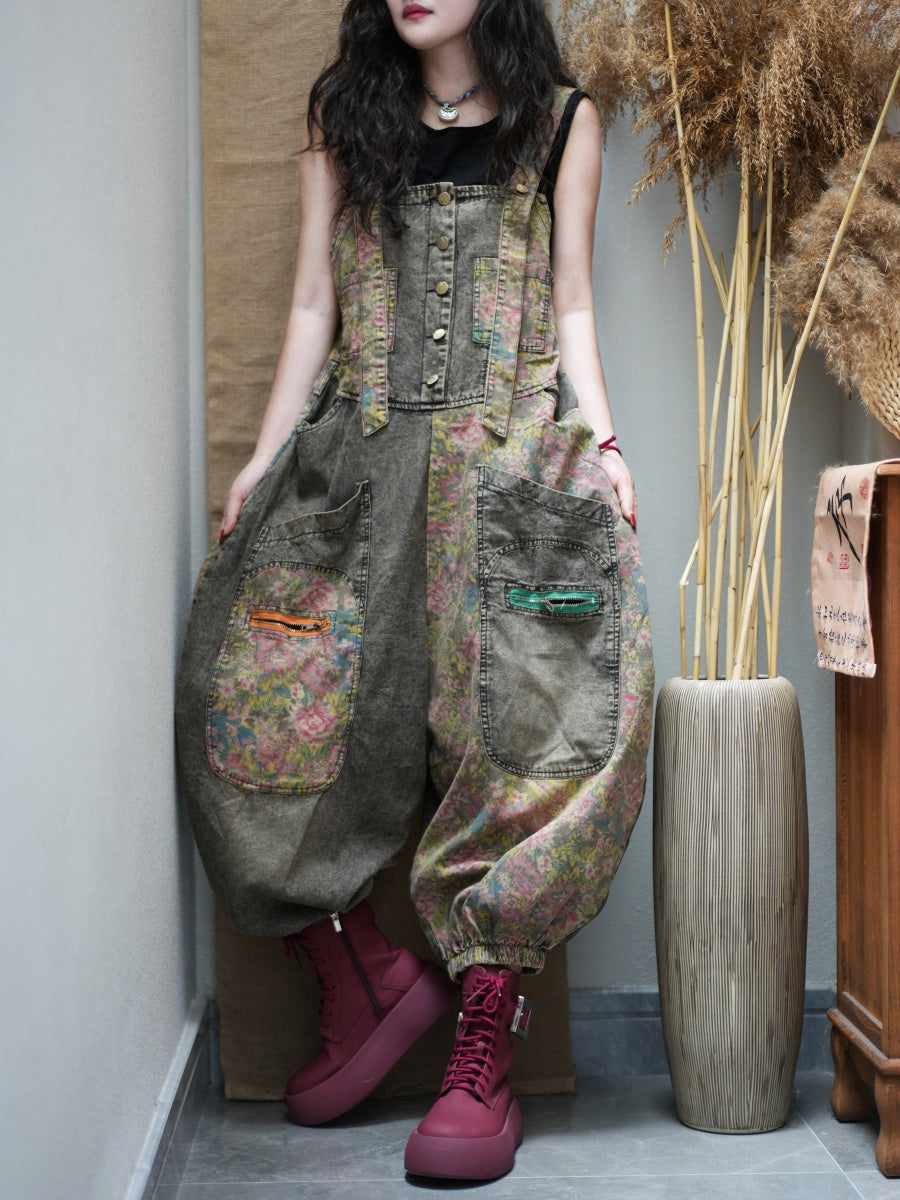 Women Summer Retro Flower Patch Spliced Denim Jumpsuits