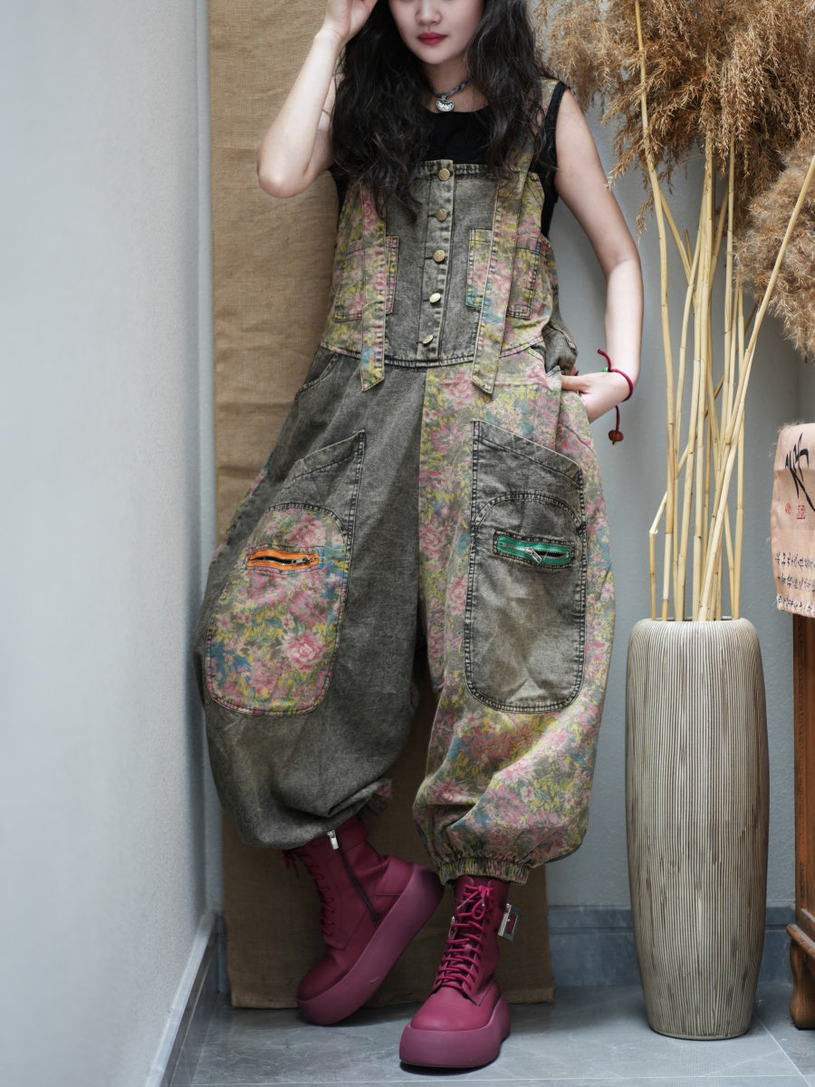 Women Summer Retro Flower Patch Spliced Denim Jumpsuits