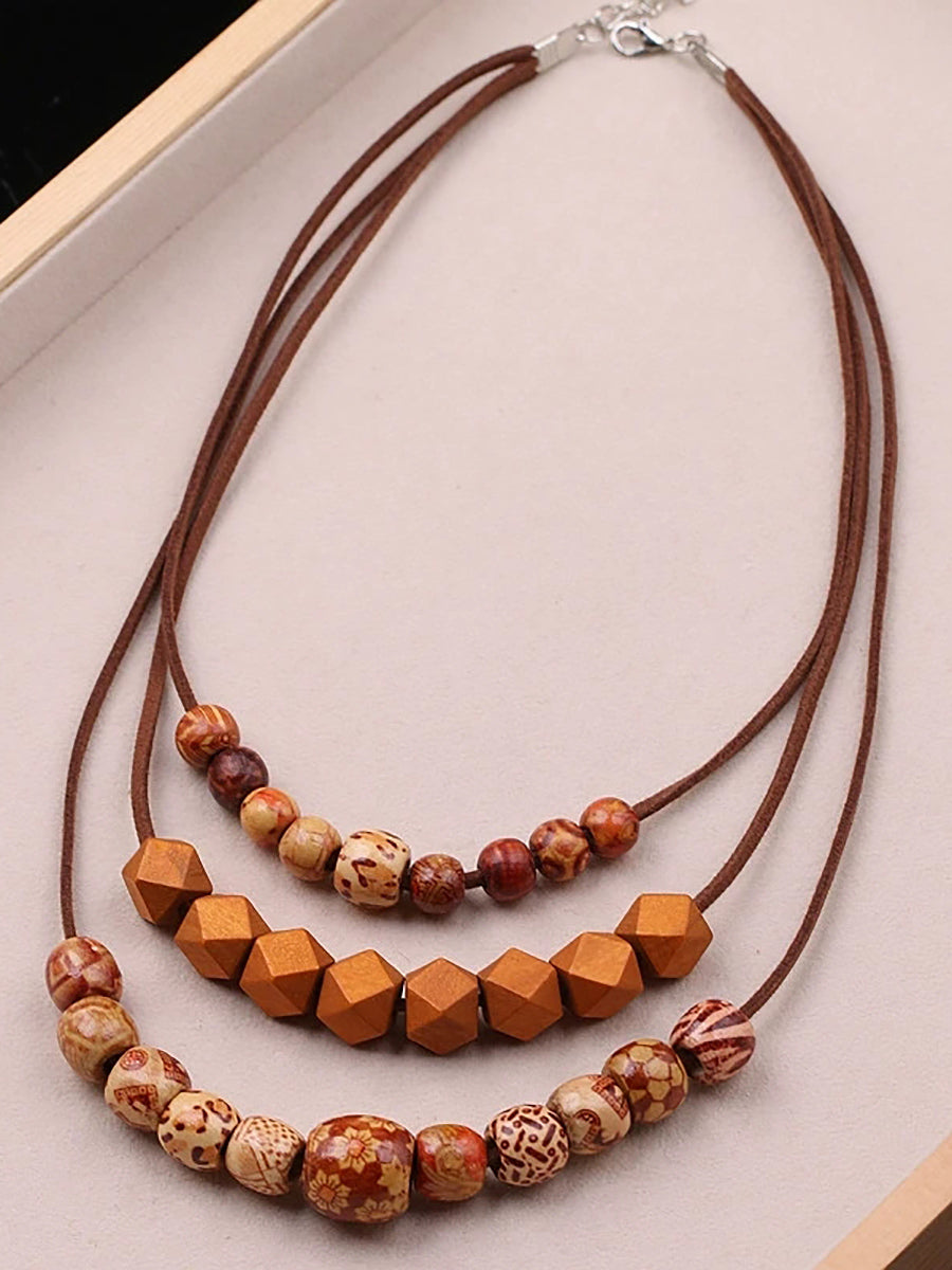 Women Artsy Wood Bead Multilayer Necklace