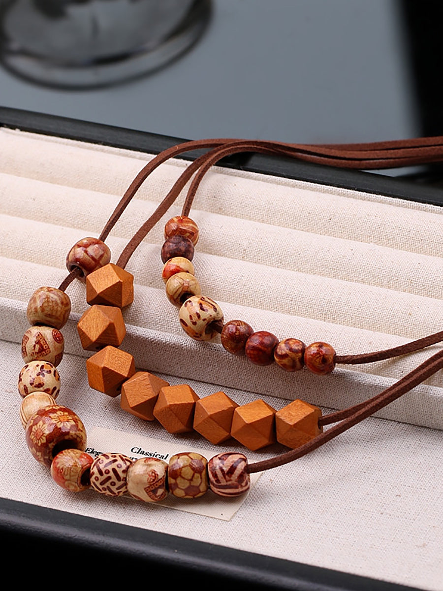 Women Artsy Wood Bead Multilayer Necklace