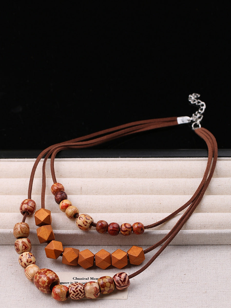 Women Artsy Wood Bead Multilayer Necklace