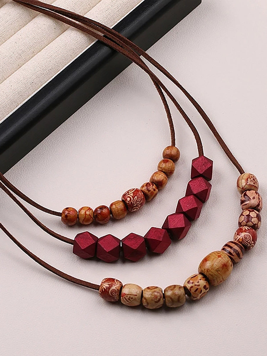 Women Artsy Wood Bead Multilayer Necklace
