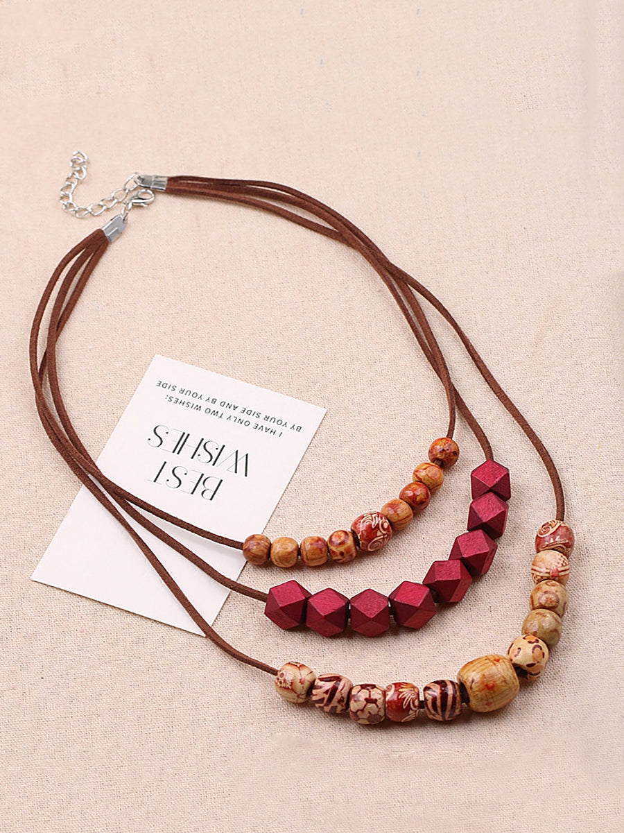 Women Artsy Wood Bead Multilayer Necklace