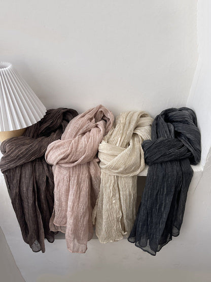 Women Retro Shirred Pure Color Shaw Scarf