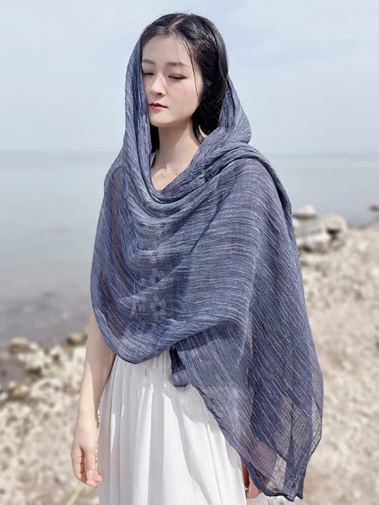Women Retro Shirred Pure Color Shaw Scarf