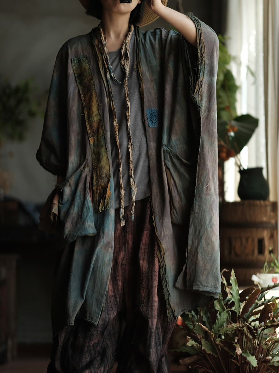 Women Summer Retro Print Cotton Spliced V-Neck Shirt Coat