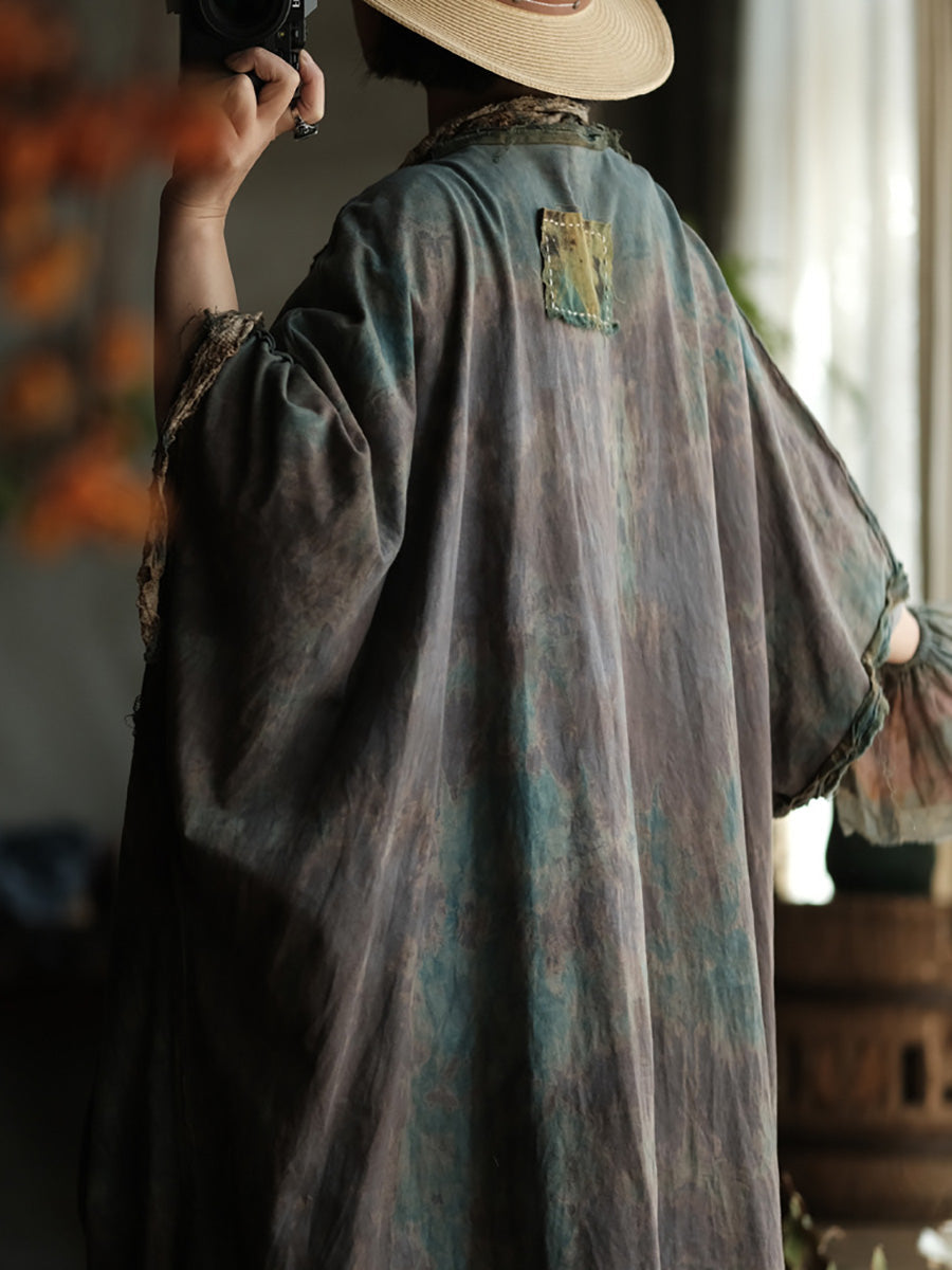 Women Summer Retro Print Cotton Spliced V-Neck Shirt Coat