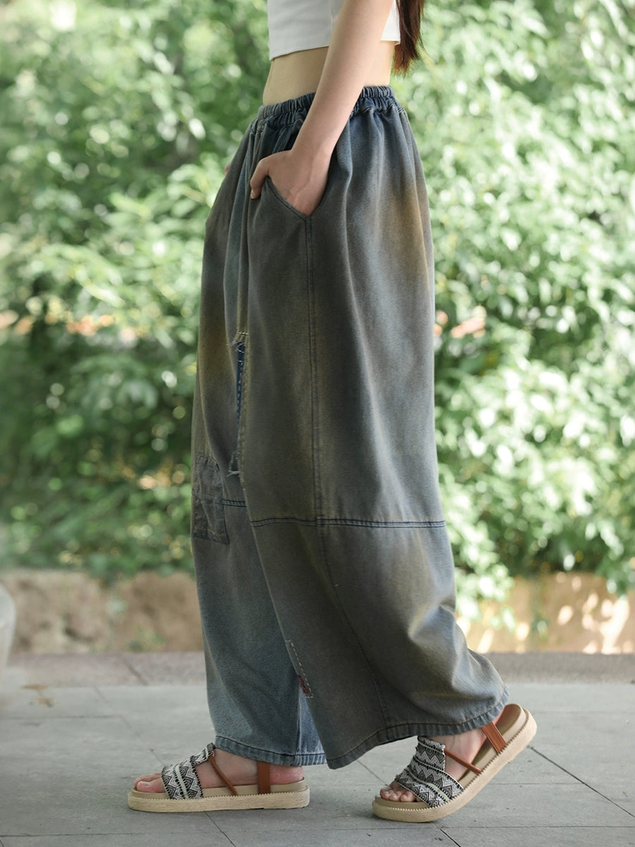 Women Retro Summer Denim Patchwork Wide-leg Pants