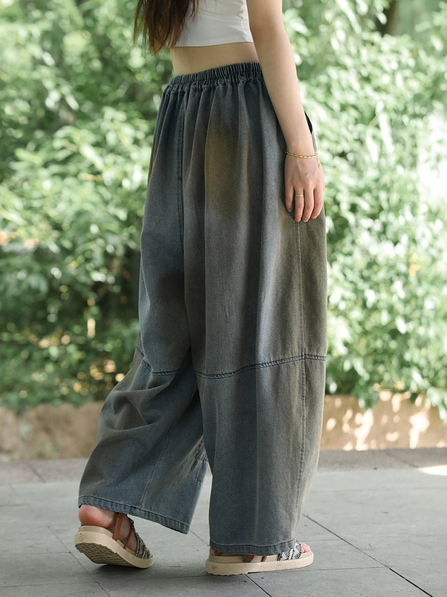 Women Retro Summer Denim Patchwork Wide-leg Pants